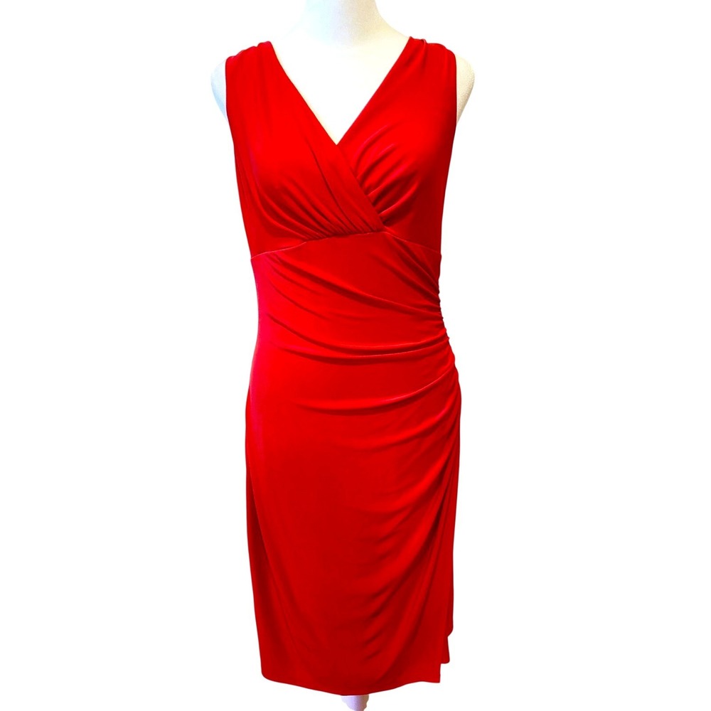 Lauren Ralph Lauren Womens Dress 14 Red Sleeveless Ruched Surplice V-Neck Sheath